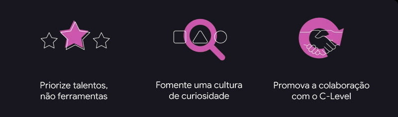 1. Priorize talentos, não ferramentas. 2. Fomente uma cultura de curiosidade. 3. Promova a colaboração com o C-Level.